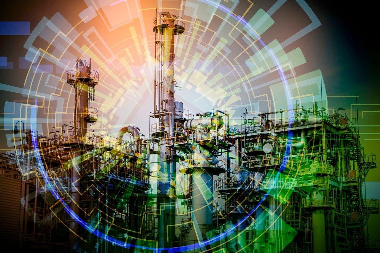 A picture of an oil refinery with multiple colors.